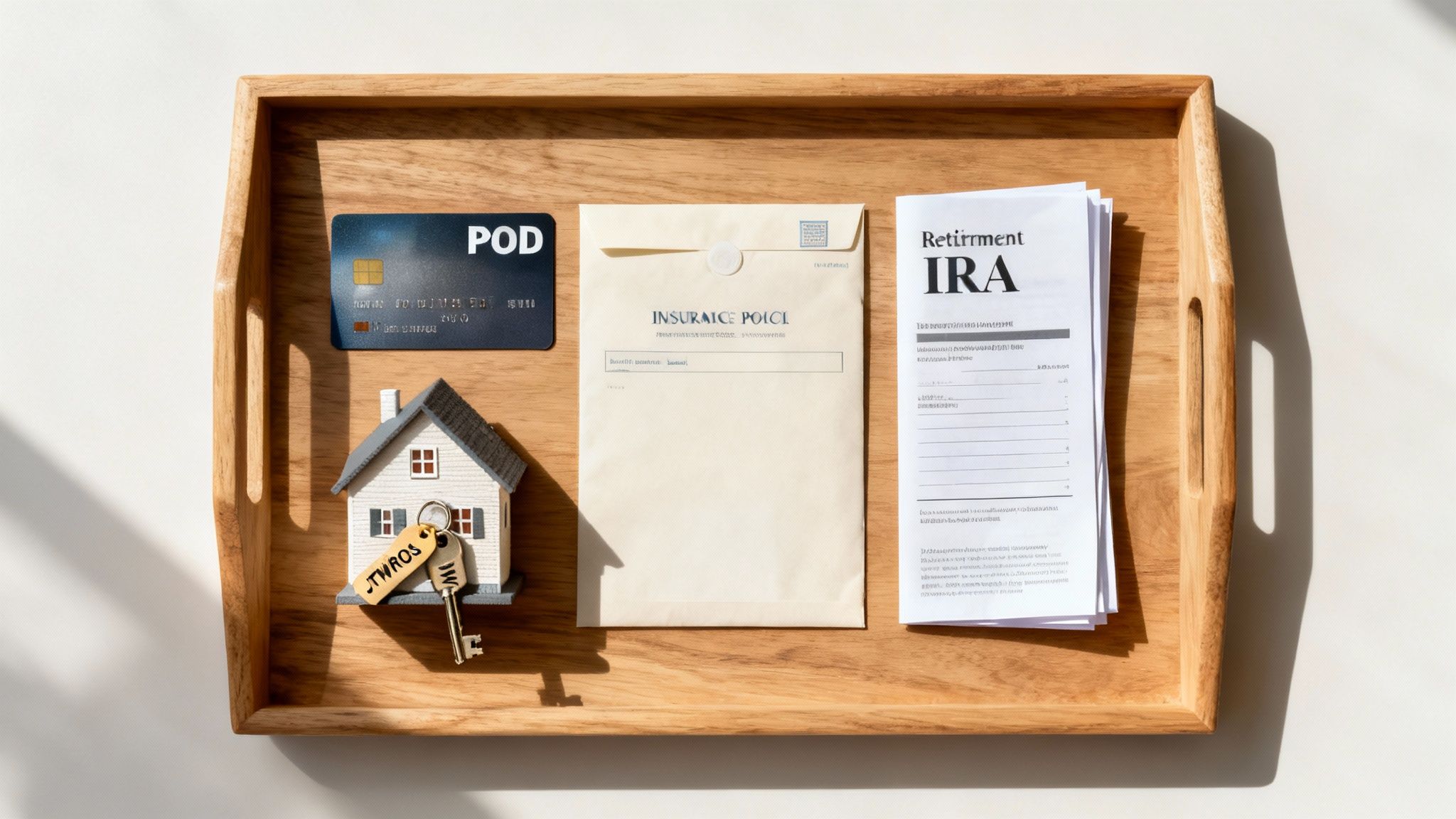 Non-probate assets including a house model, insurance policy, retirement IRA documents, and a POD bank card on a wooden tray, illustrating key financial elements in estate planning.