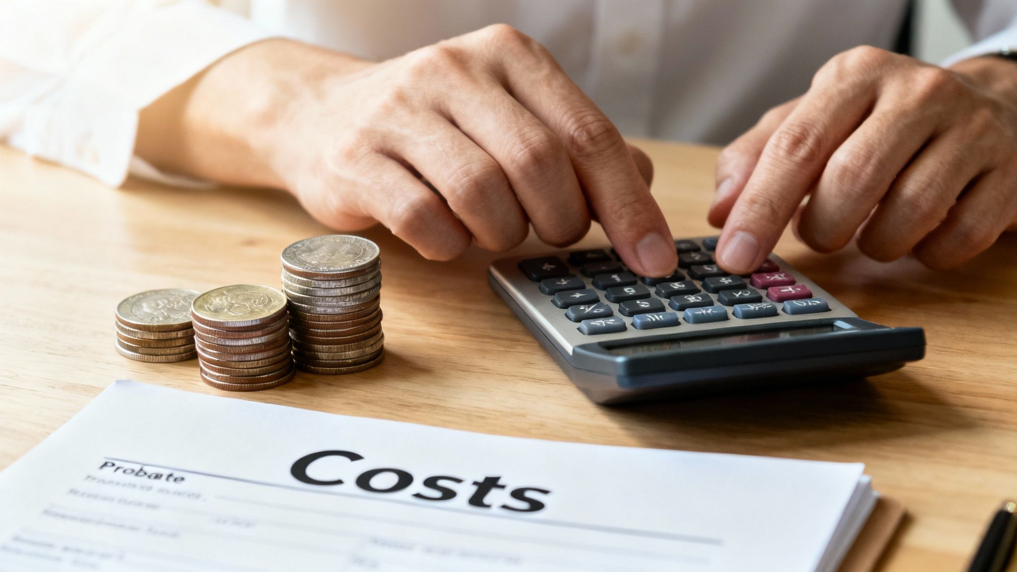 A calculator and pen resting on top of legal documents, representing the financial aspects of probate.