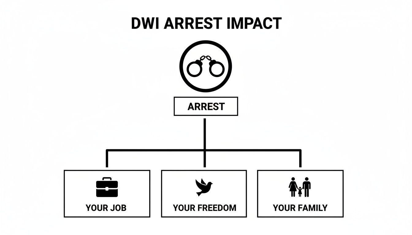 A flowchart visually representing the impact of a DWI arrest on an individual's job, freedom, and family.