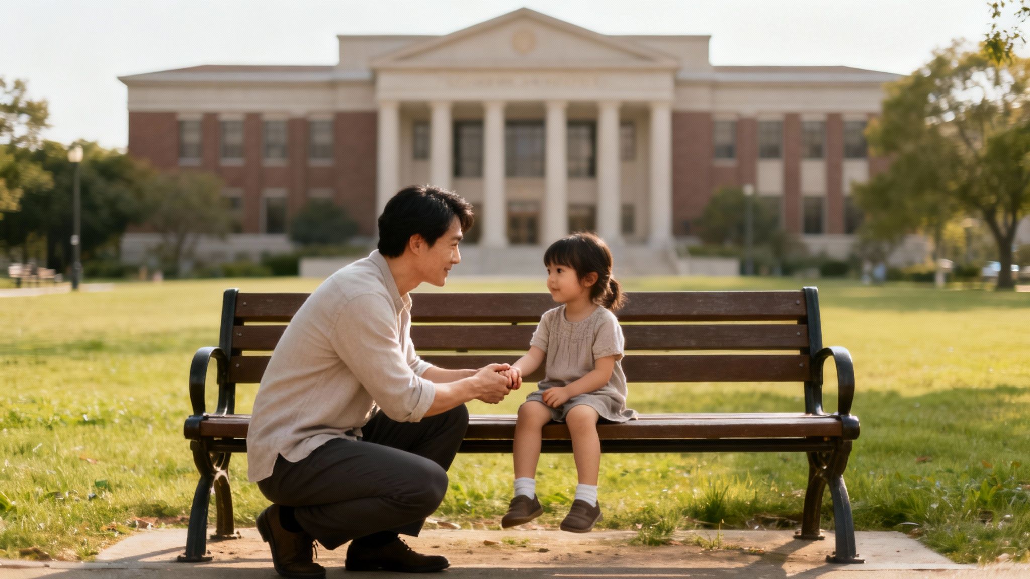 Padre agachado junto a su hija en un banco de parque, tomados de la mano, con un edificio universitario de fondo.