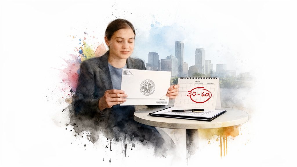 Woman reviewing legal documents with a city skyline in the background, holding an envelope and a calendar marked "30-60," symbolizing the divorce timeline and legal process in Texas.