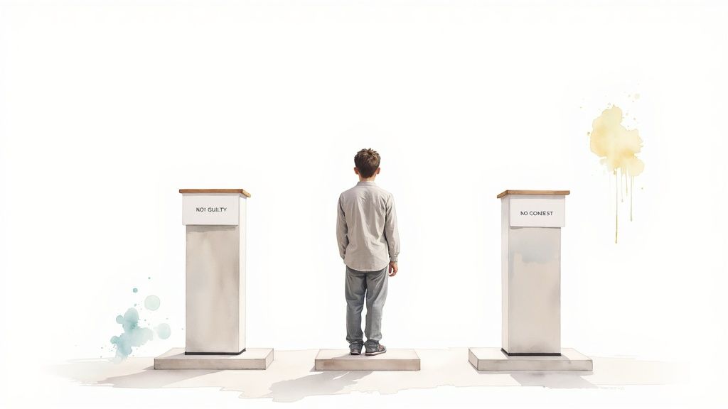 Person standing before two podiums labeled "Not Guilty" and "No Contest," representing plea options during an arraignment hearing in Texas.
