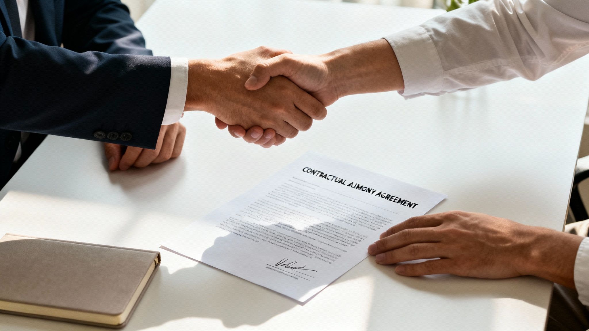 Two people in business attire shaking hands over a 'Contractual Alimony Agreement' document on a white table.