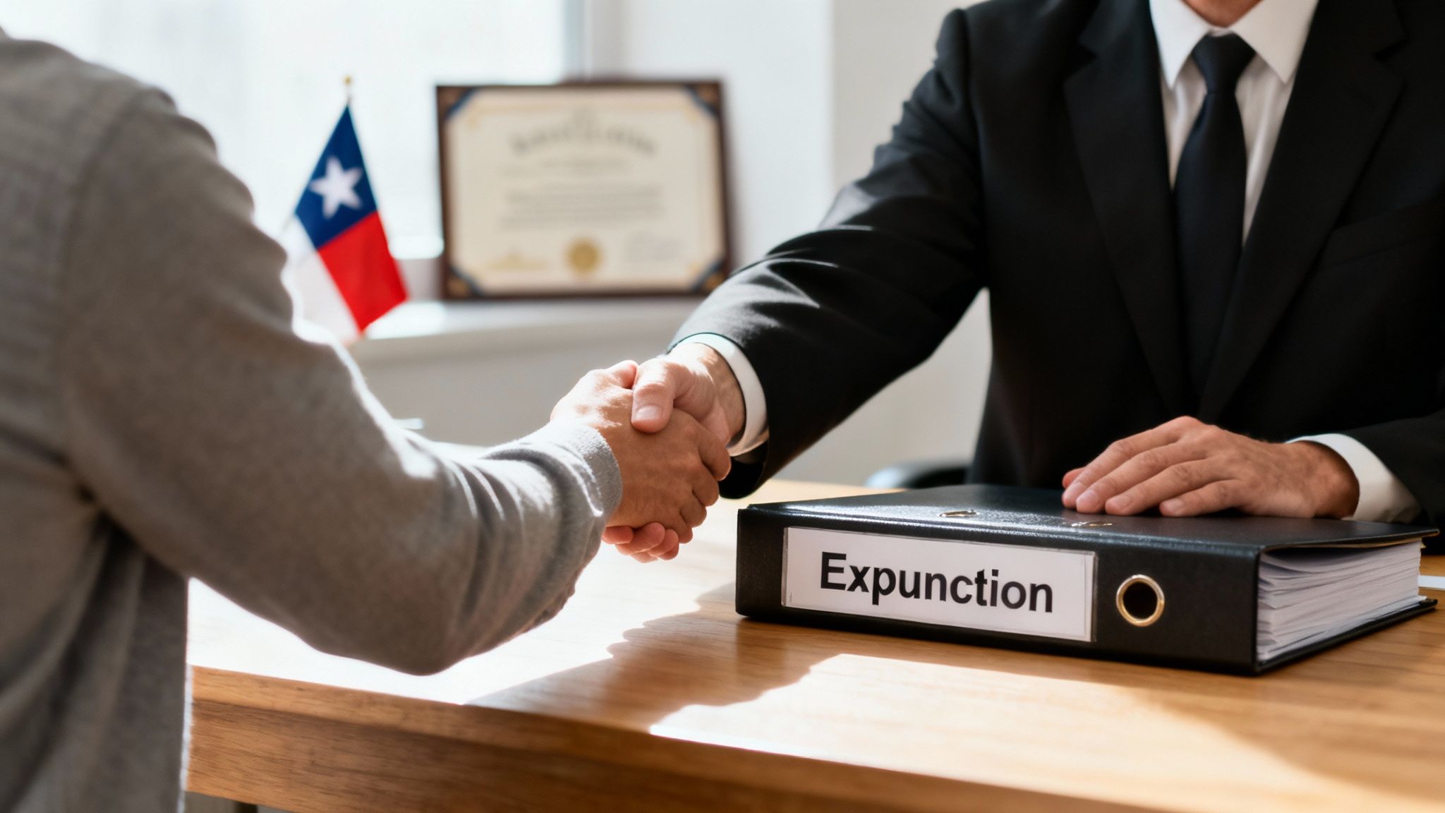 Person shaking hands with an attorney at a desk, expunction binder visible, Texas flag in background, representing legal assistance for clearing criminal records.