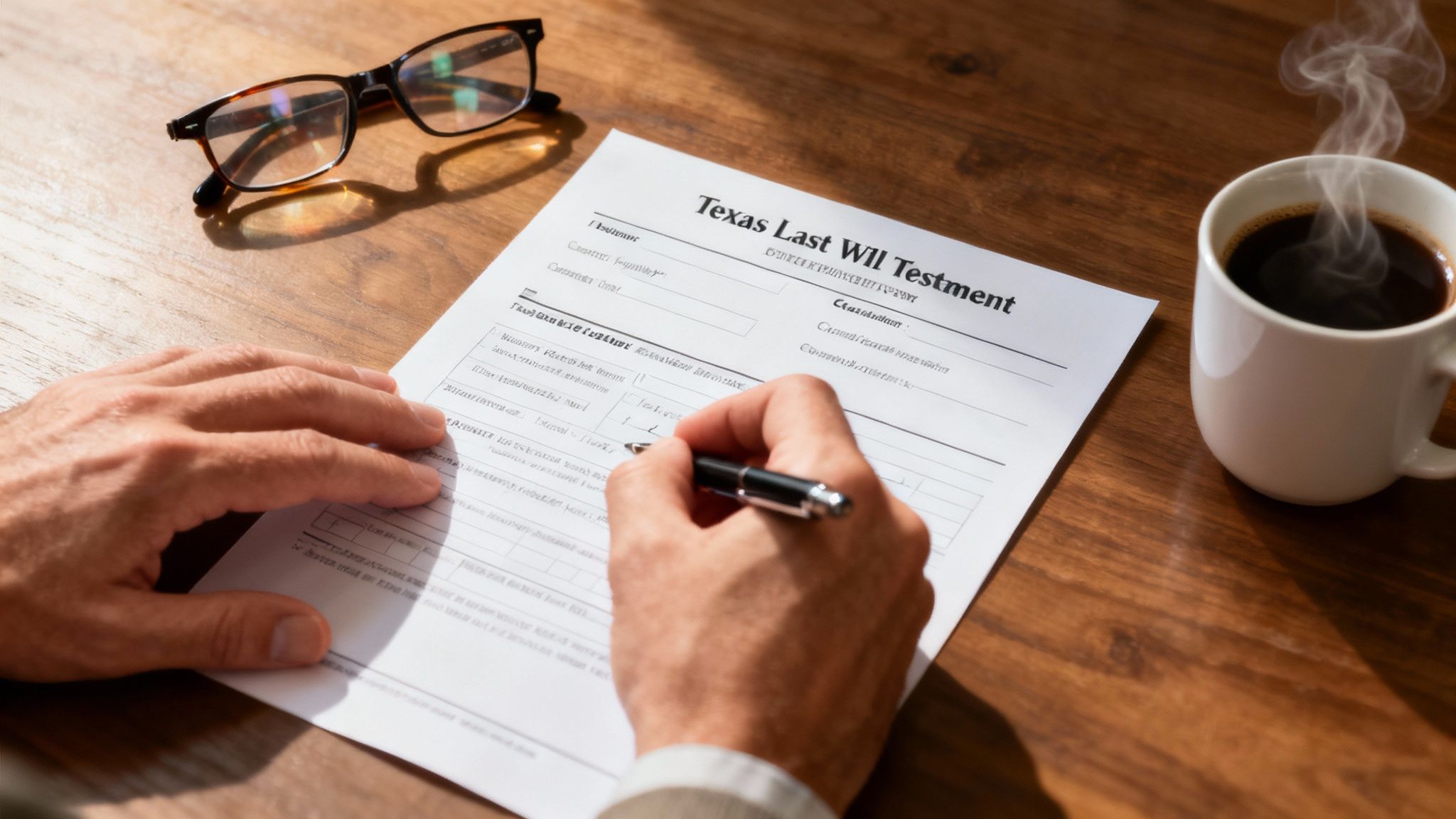 Hand writing on a Texas Last Will and Testament form, with glasses and a steaming coffee cup on a wooden table, illustrating the process of estate planning.