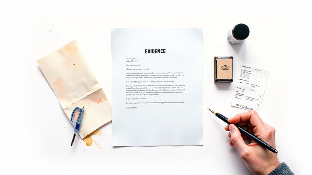 Document labeled "EVIDENCE" with a pen, ink bottle, and office supplies, illustrating the importance of gathering proof for modifying child support in Texas.