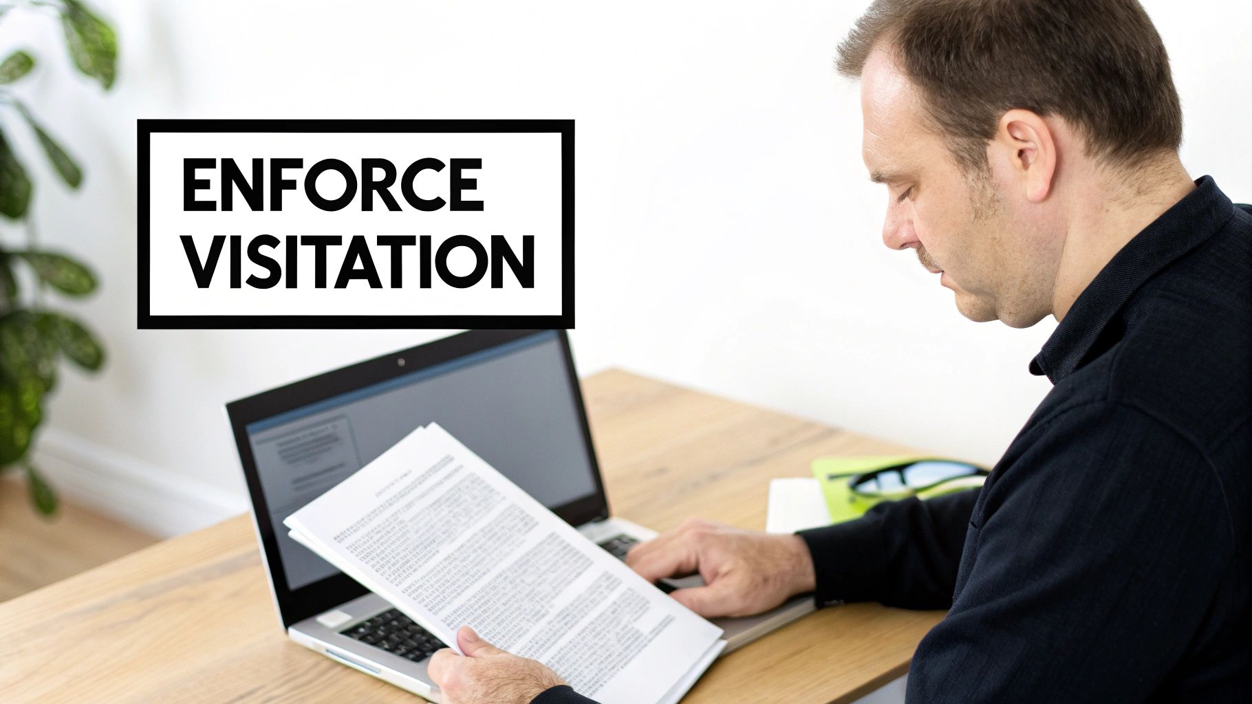 A man at a desk with a laptop and papers, with a text box stating "ENFORCE VISITATION".