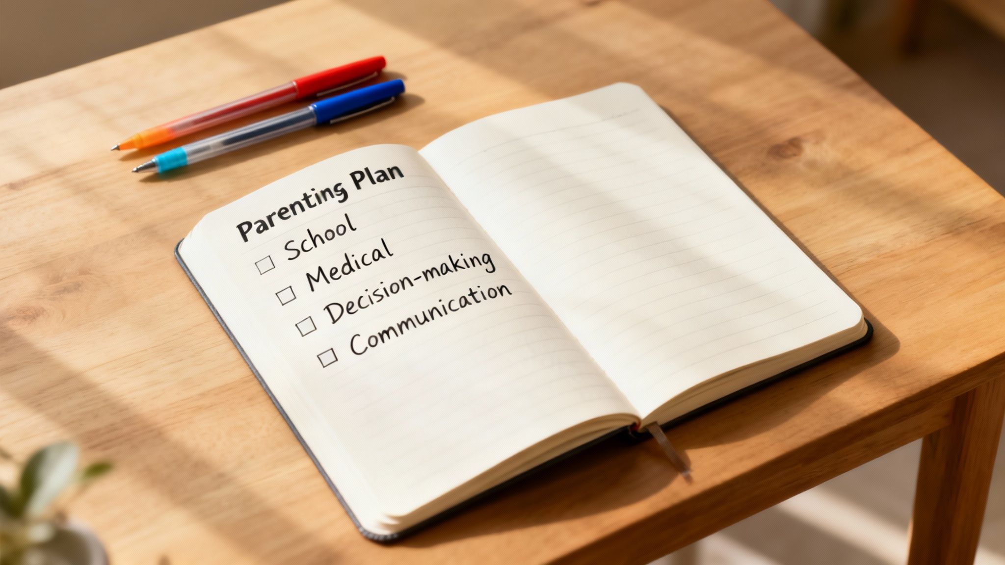 Open notebook on wooden table with 'Parenting Plan' checklist: School, Medical, Decision-making, Communication.