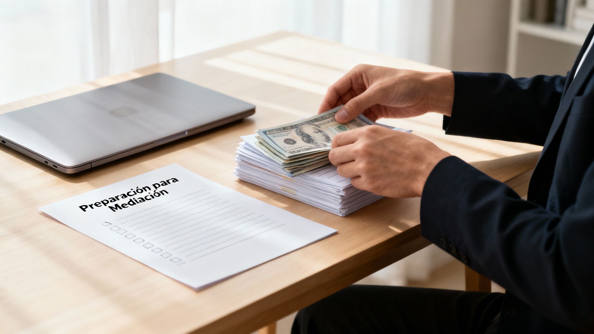 Una mujer revisando documentos legales y financieros en su escritorio.