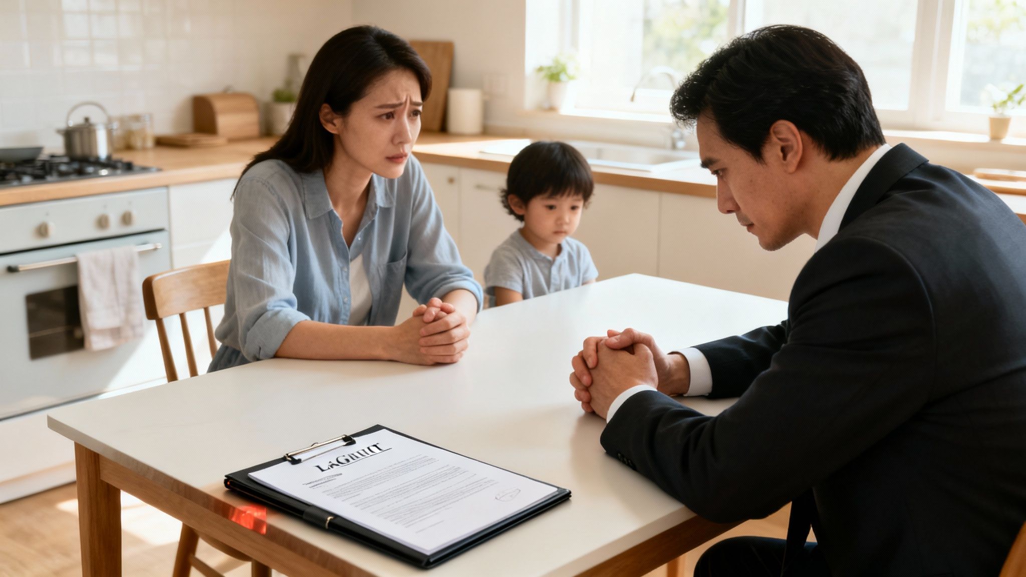 A distraught mother and a serious lawyer sit at a kitchen table with a sad child, reviewing legal documents.