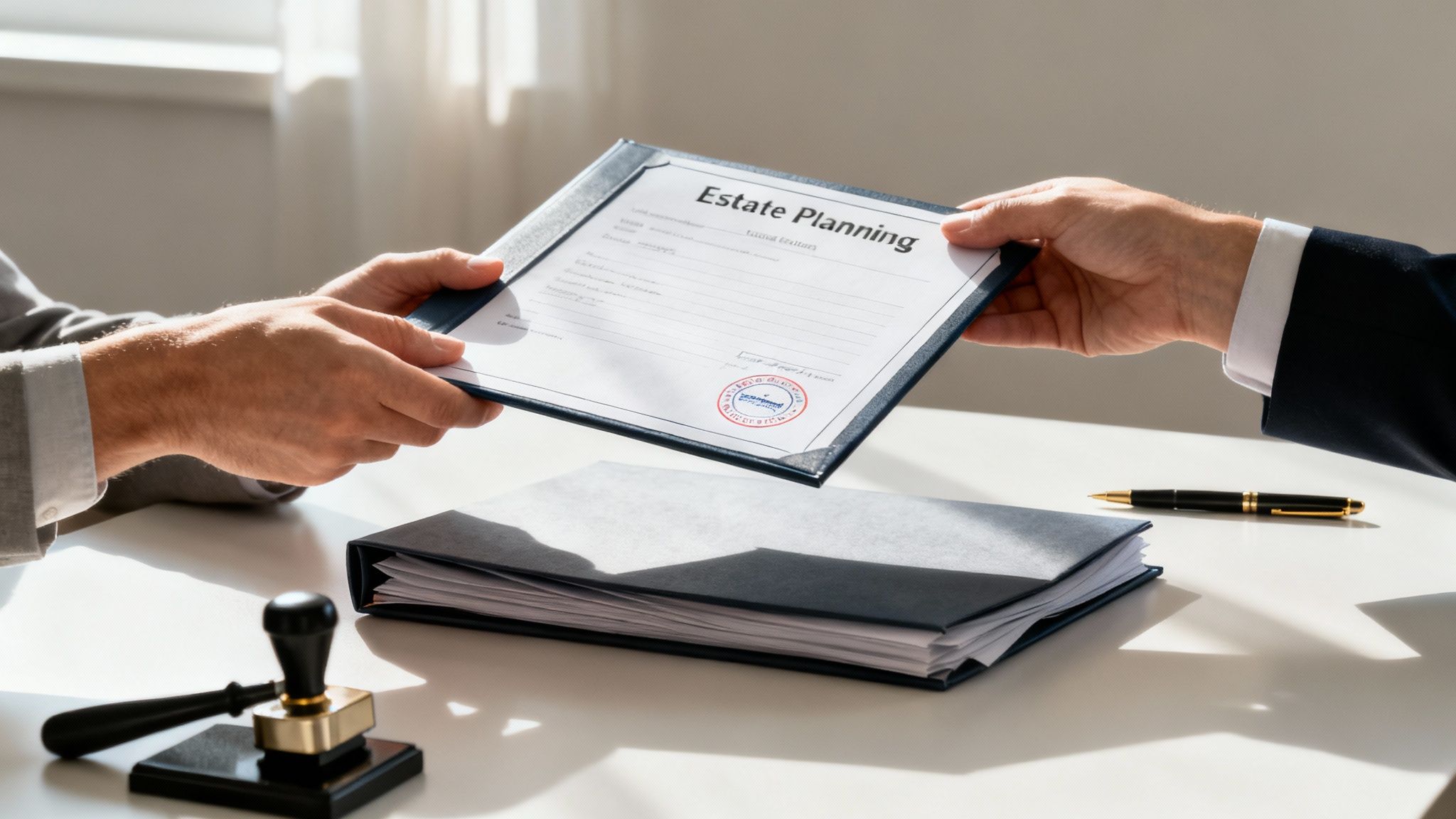 Una pareja revisa documentos de planificación patrimonial con su abogado en Houston.