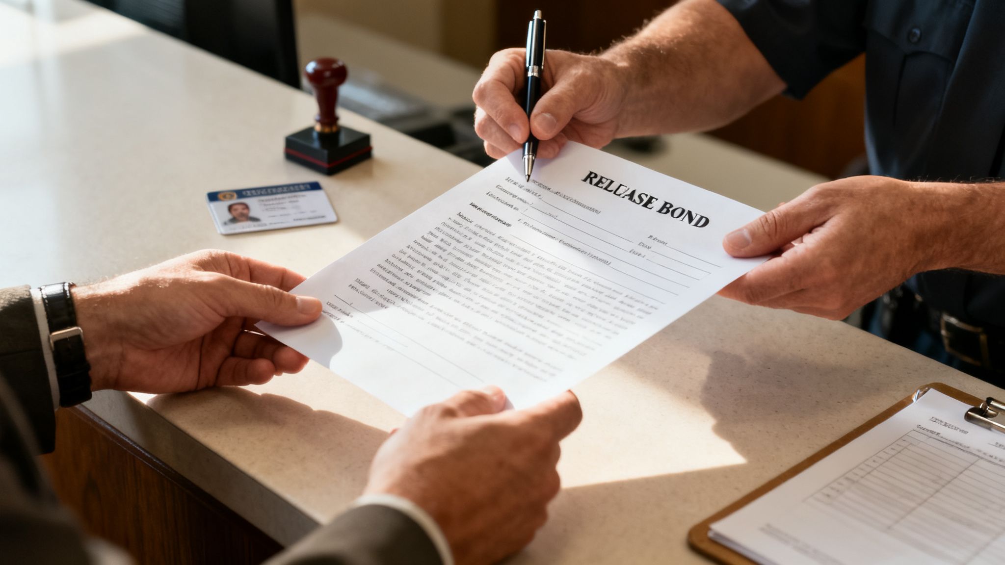 A man in a suit receiving a release bond document, while another man signs it with a pen.