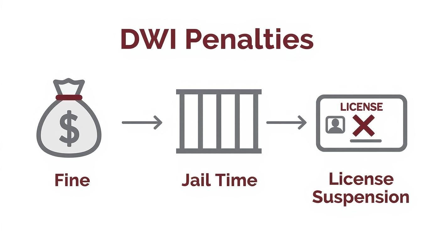 DWI penalties infographic illustrating fine, jail time, and license suspension consequences.