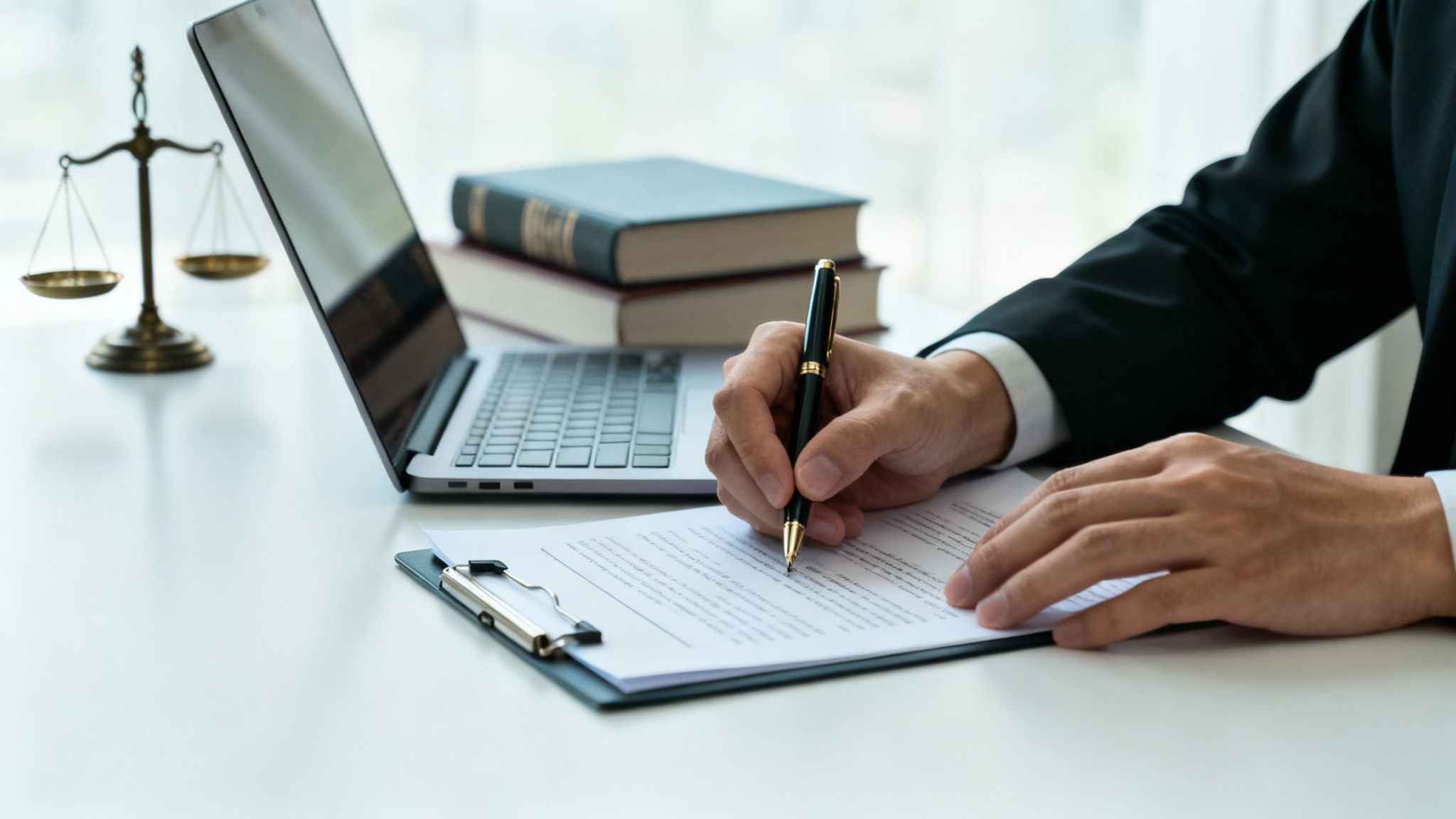 Professional signing legal documents in an office with a laptop, law books, and justice scales.