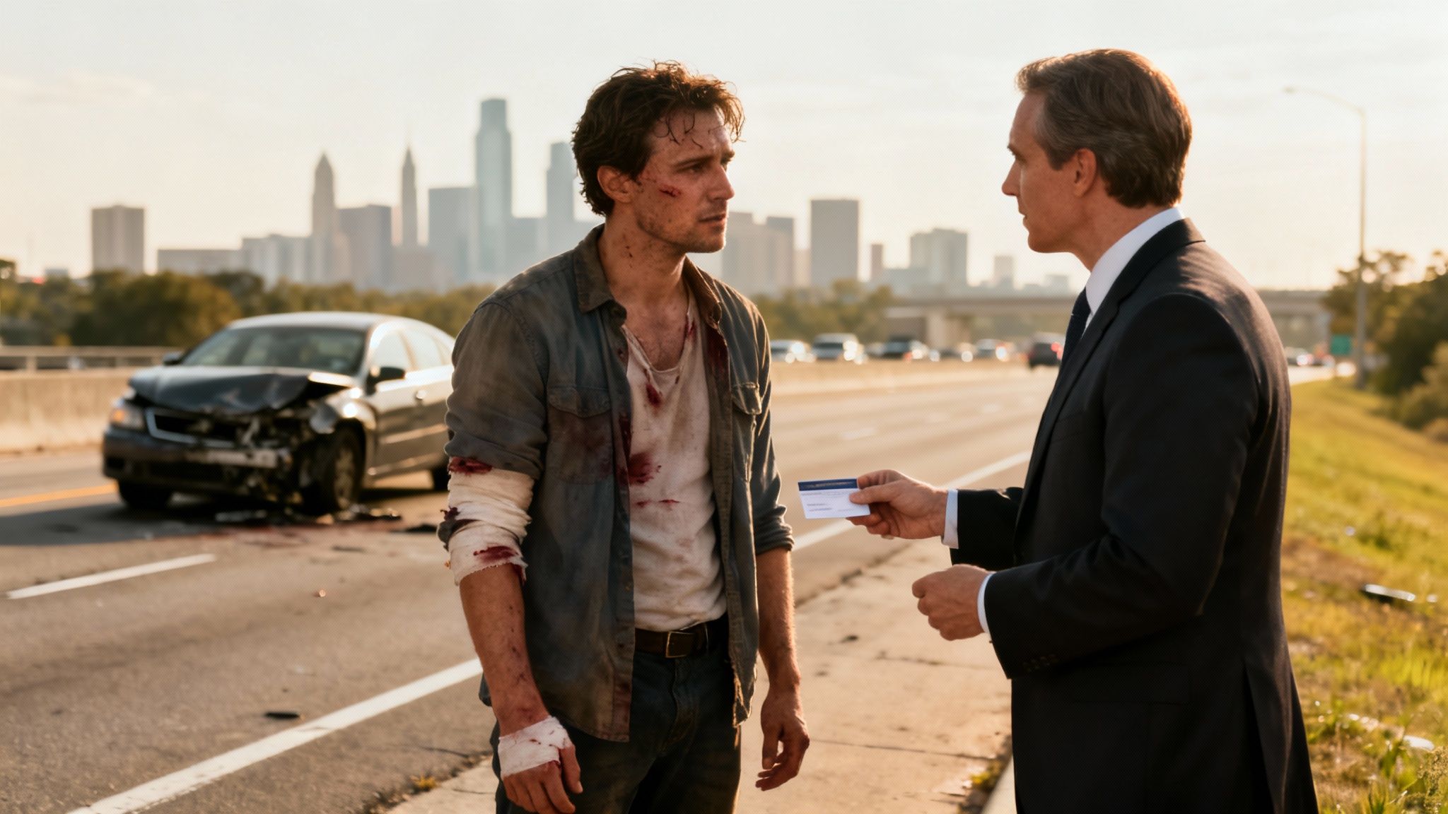 A man in a suit offers a business card to an injured, bloodied man next to a crashed car on a highway.
