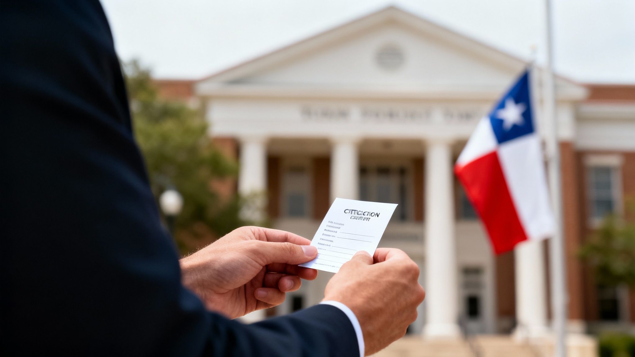 Person in a suit holding a citation in front of a Texas courthouse with a Texas flag, symbolizing legal processes related to Class C misdemeanors.