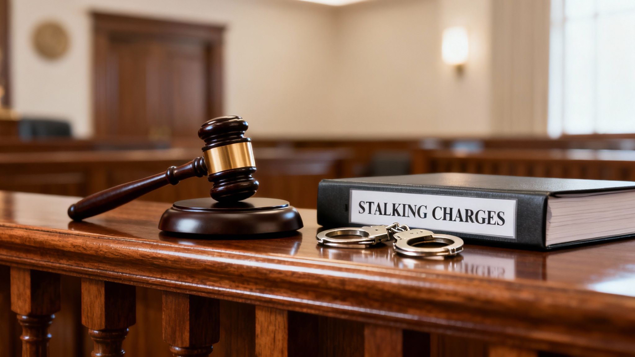 A judge's gavel, handcuffs, and a 'Stalking Charges' binder on a wooden bench in a courtroom.