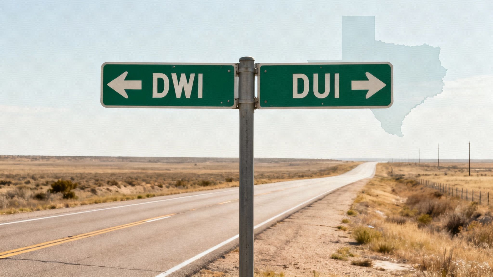 Signpost indicating directions for DWI and DUI with Texas outline, symbolizing legal distinctions in Texas DUI/DWI laws.