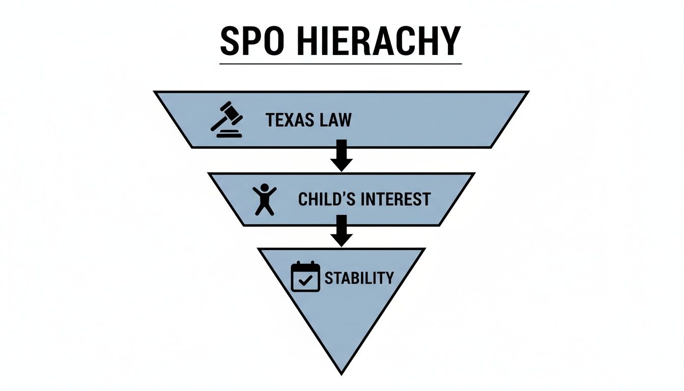A hierarchy funnel diagram titled SPO Hierarchy, showing Texas Law, Child's Interest, and Stability.