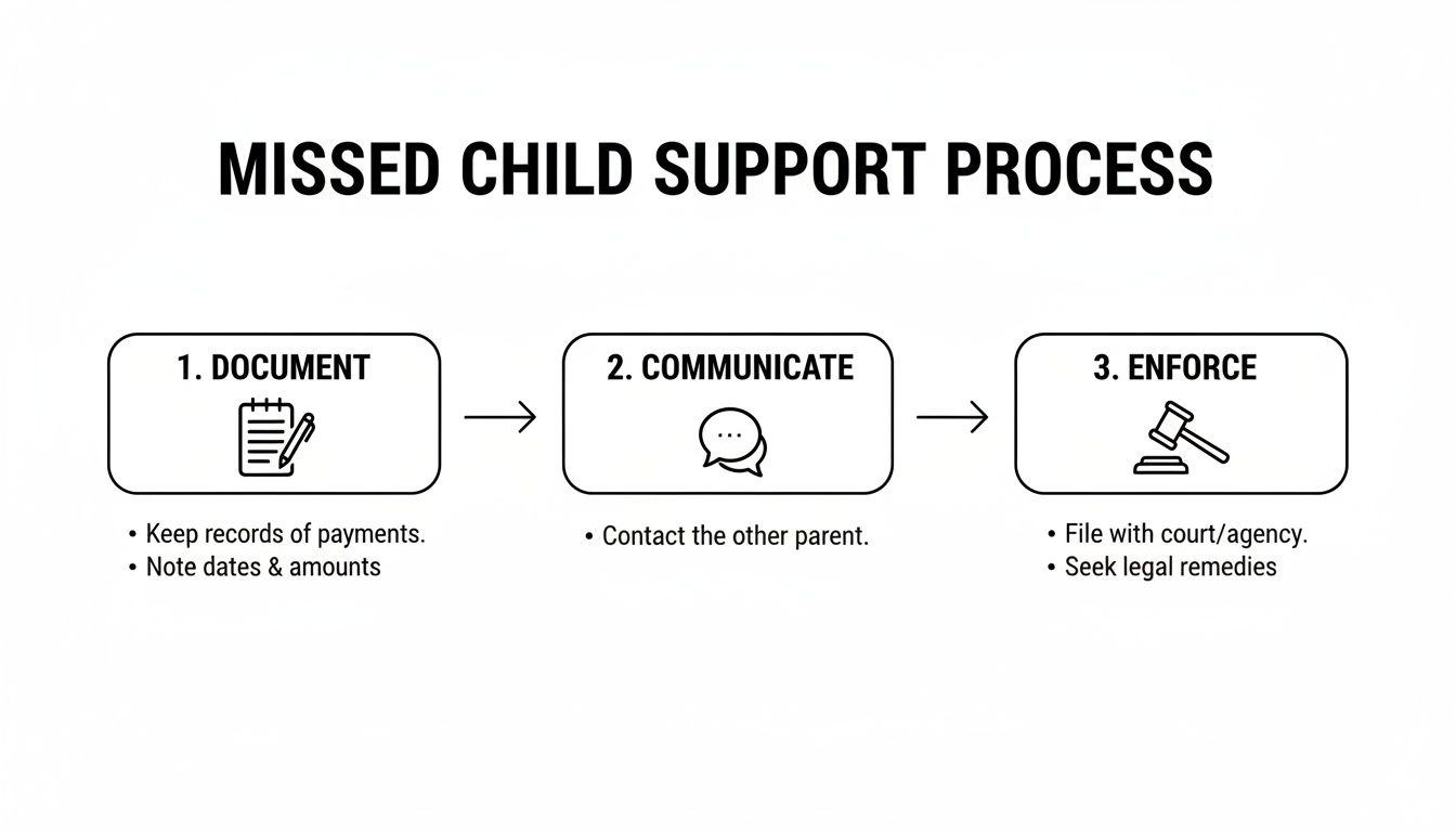 Flowchart illustrating the three-step process for handling missed child support: document, communicate, and enforce.