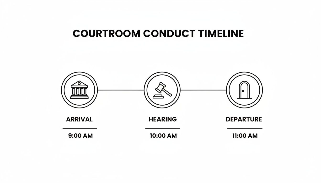 Black and white timeline graphic outlining courtroom conduct from arrival to departure with specific times.