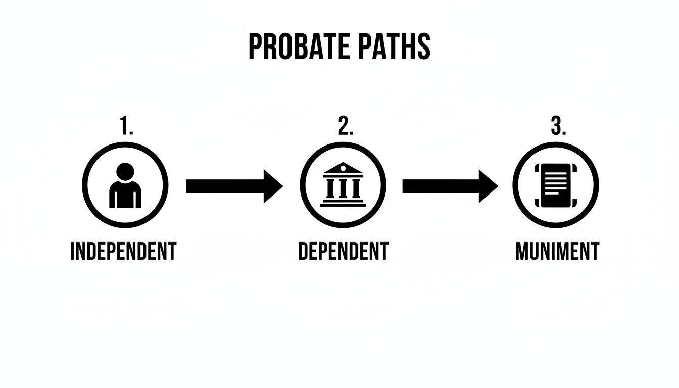 Diagram illustrating three probate paths: Independent, Dependent, and Muniment, with their icons.