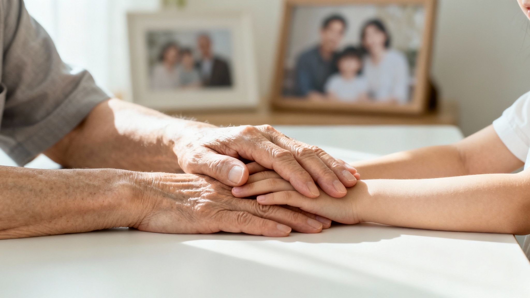 Close-up of a senior person's wrinkled hands gently holding a child's hand on a table, with blurred family photos in the background.