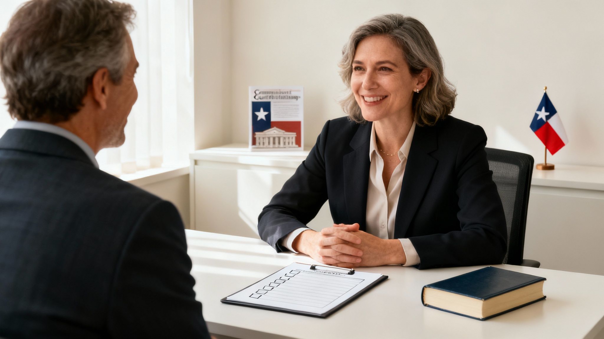 A professional lawyer in a suit sitting at a desk, reviewing documents and speaking with a client.