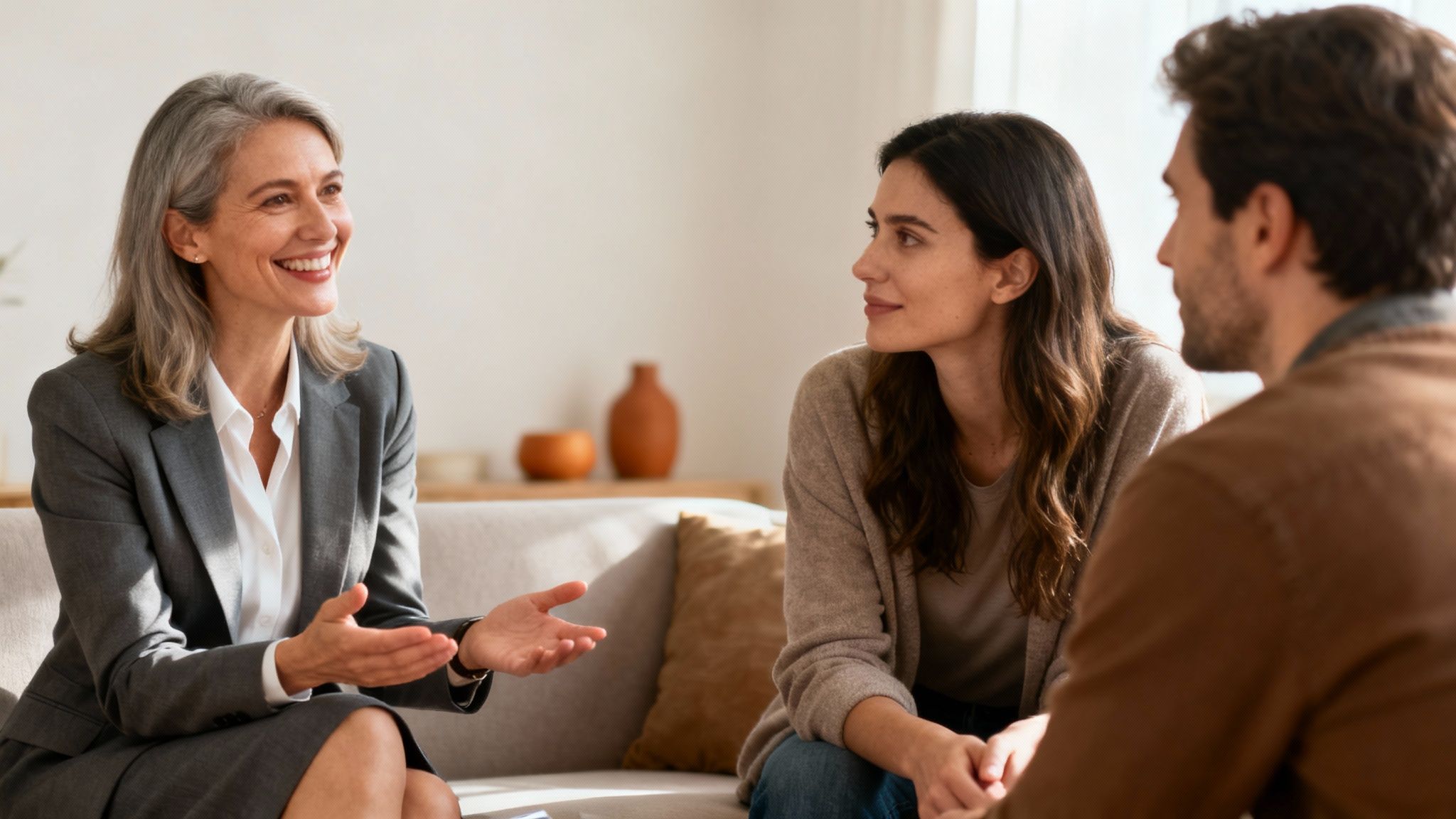 Professional woman discussing adoption guidance with a couple in a cozy living room setting, emphasizing the emotional support and legal clarity in the adoption process.