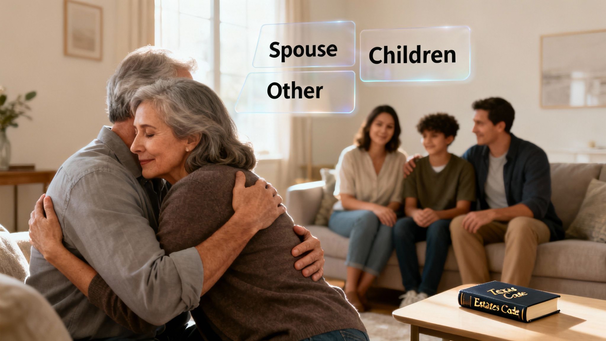 Elderly couple hugging lovingly with a younger family smiling in the background and a Texas Estates Code book.