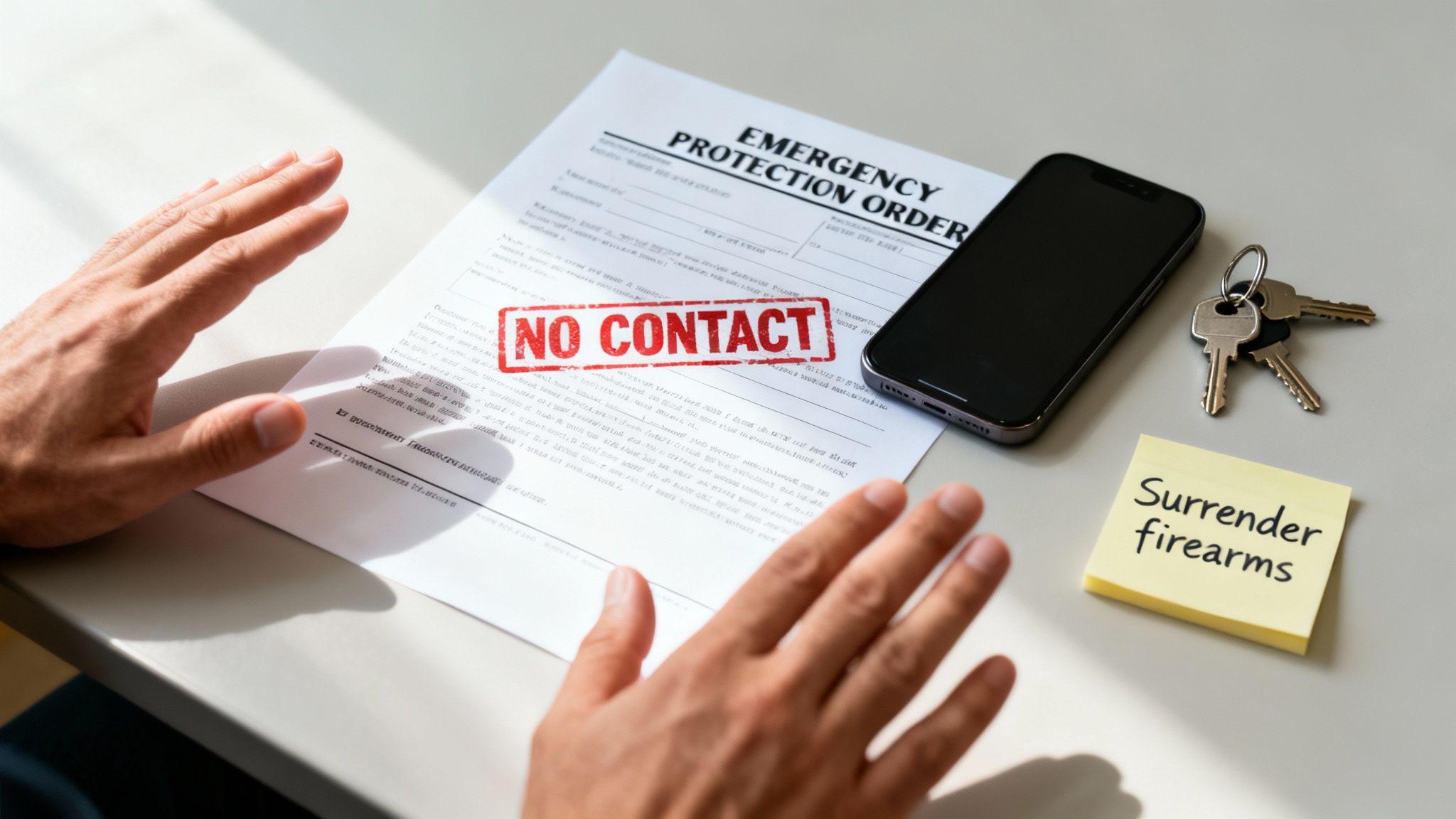 Emergency Protection Order document with "NO CONTACT" stamp, smartphone, keys, and note reminding to surrender firearms, emphasizing legal restrictions on communication in Texas.