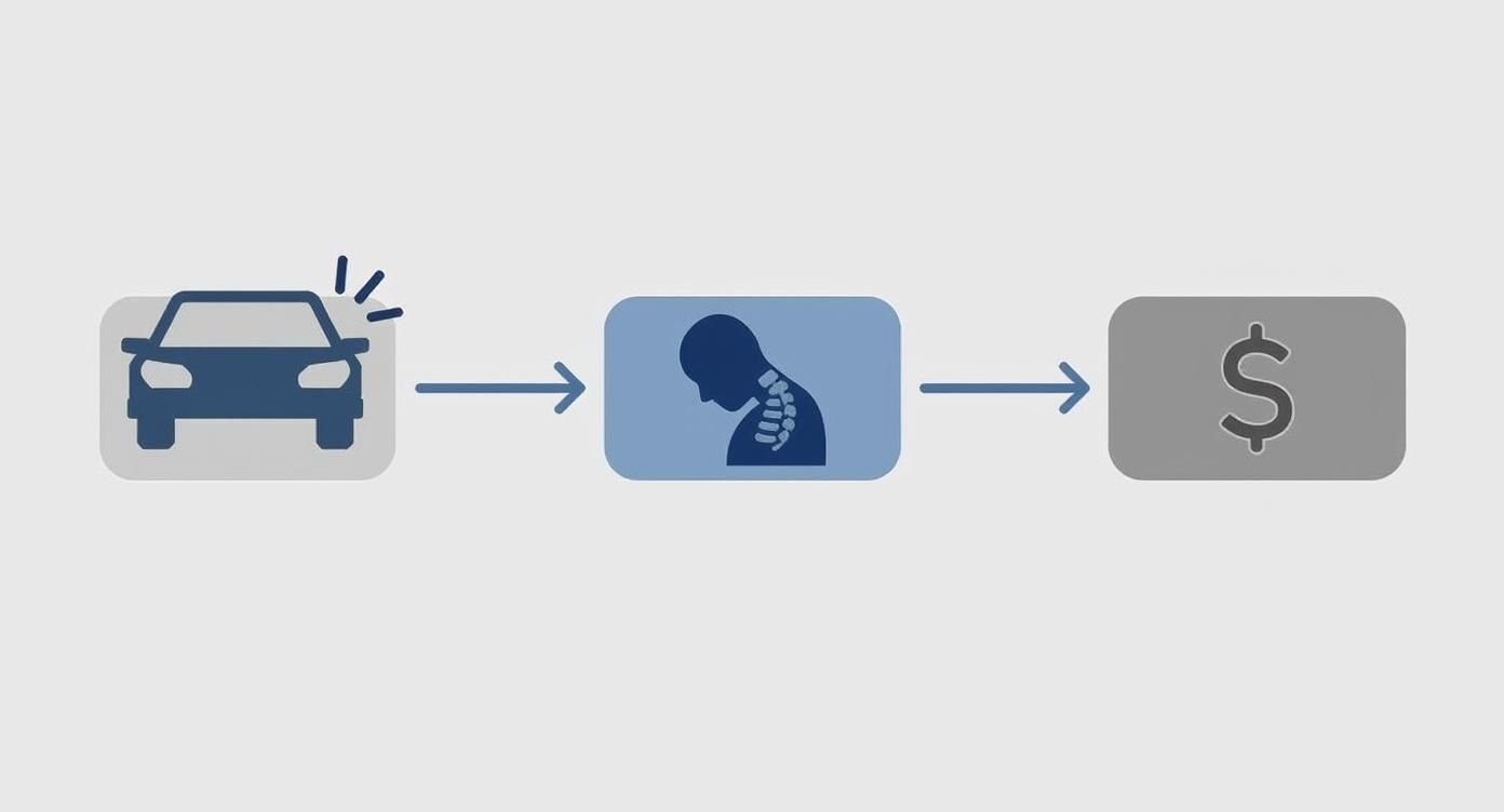Diagram showing a car crash leading to a whiplash injury, then to financial compensation.