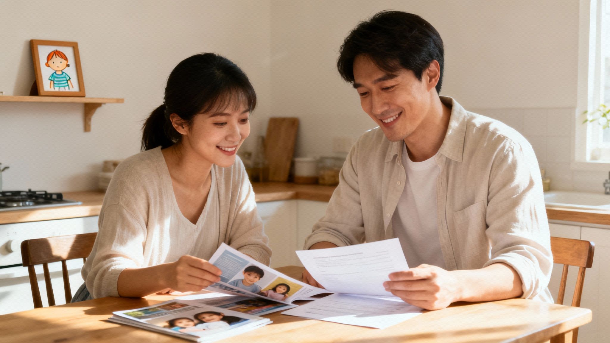 Couple reviewing adoption documents and photos in a bright kitchen, symbolizing the adoption journey and family expansion in Texas.