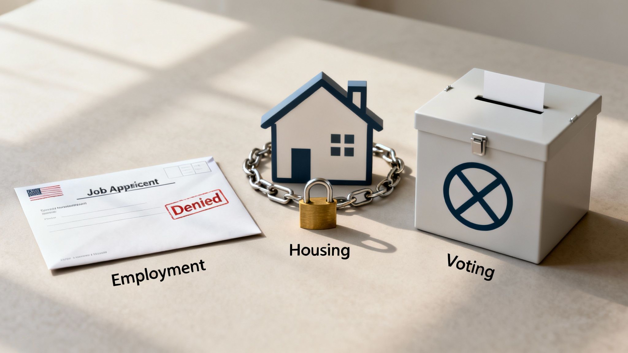 Employment denial letter, house icon with a lock symbolizing housing restrictions, and a voting box with a prohibition symbol, representing the collateral consequences of a felony conviction in Texas.