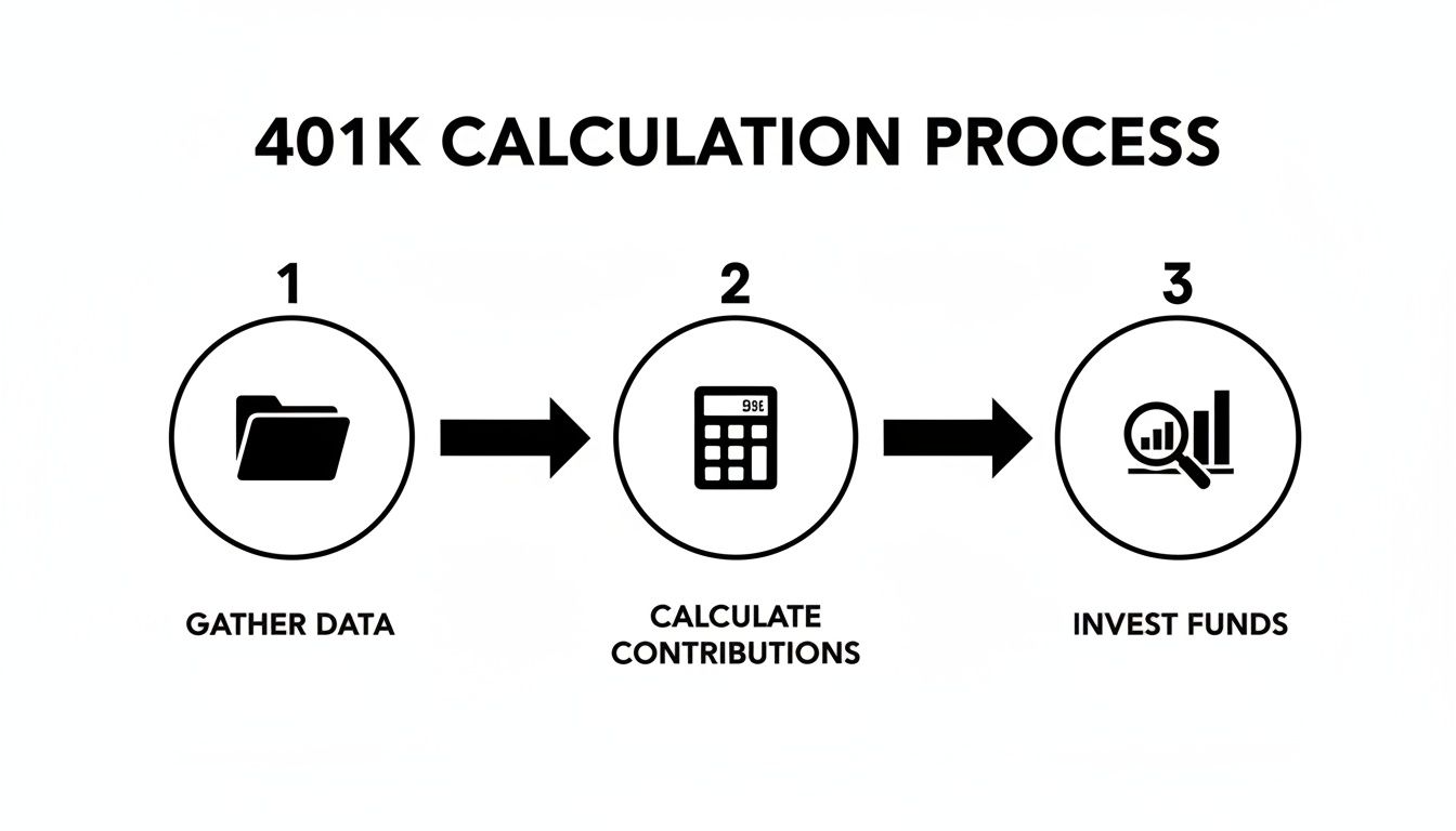 Diagram illustrating the 3-step 401k calculation process: gather data, calculate contributions, invest funds.