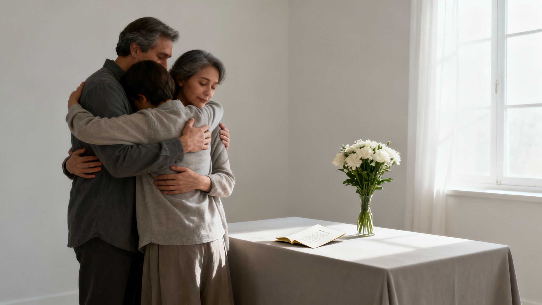 Family of three embracing in emotional support moment at home interior