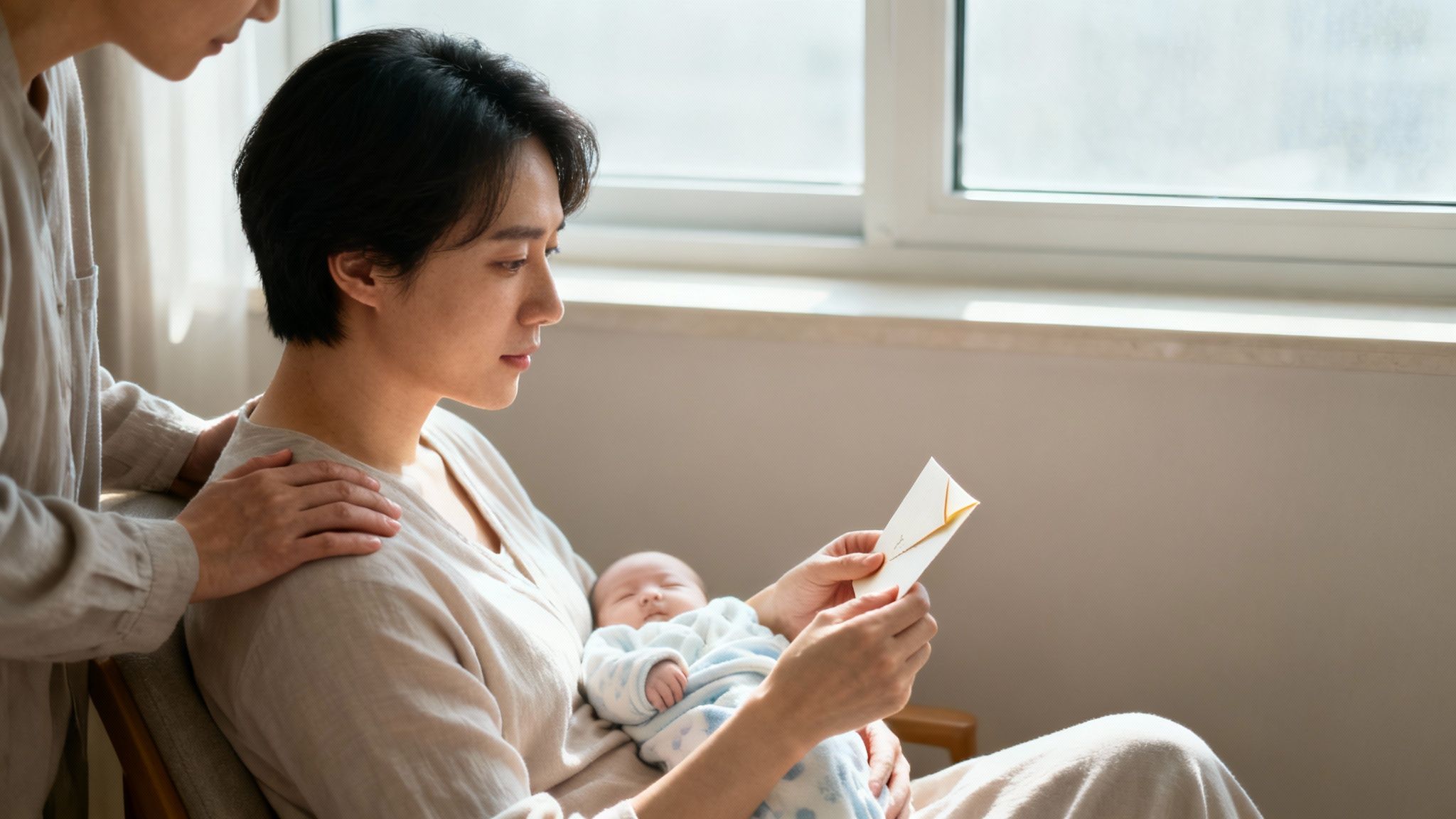A parent holds a sleeping baby while reading a letter, supported by another's comforting hand.