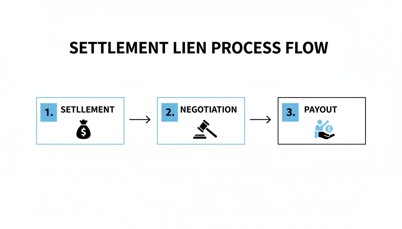 A three-step settlement lien process flow diagram showing settlement, negotiation, and payout stages.