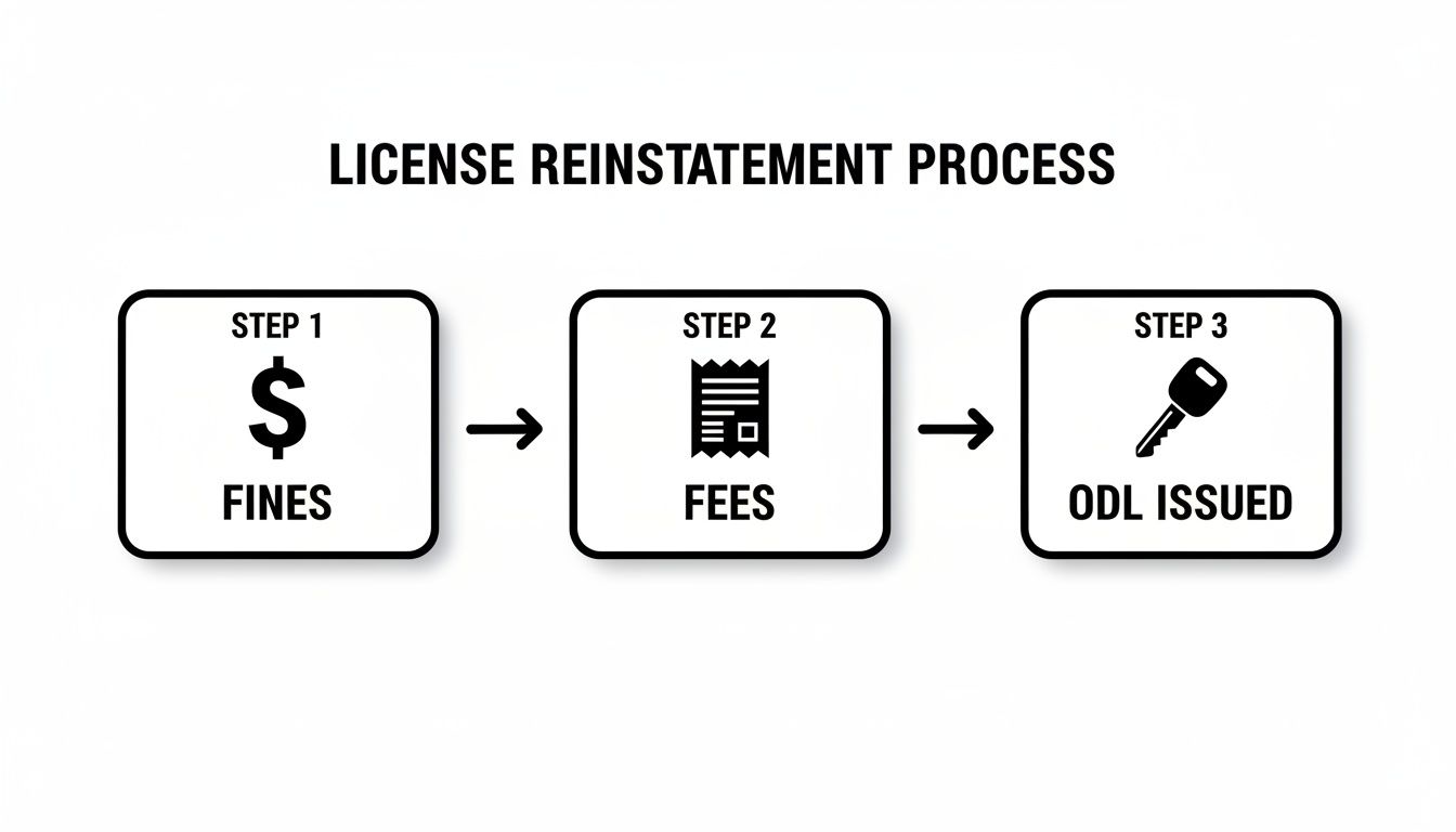 Flowchart illustrating the license reinstatement process: step one is paying fines, step two is paying fees, and step three is ODL issued.