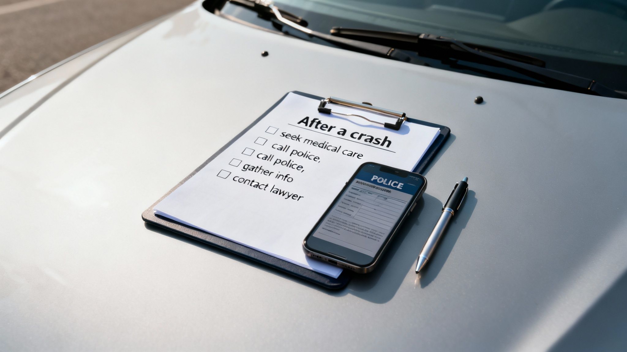 A person sitting on a curb, looking distressed after a car accident.