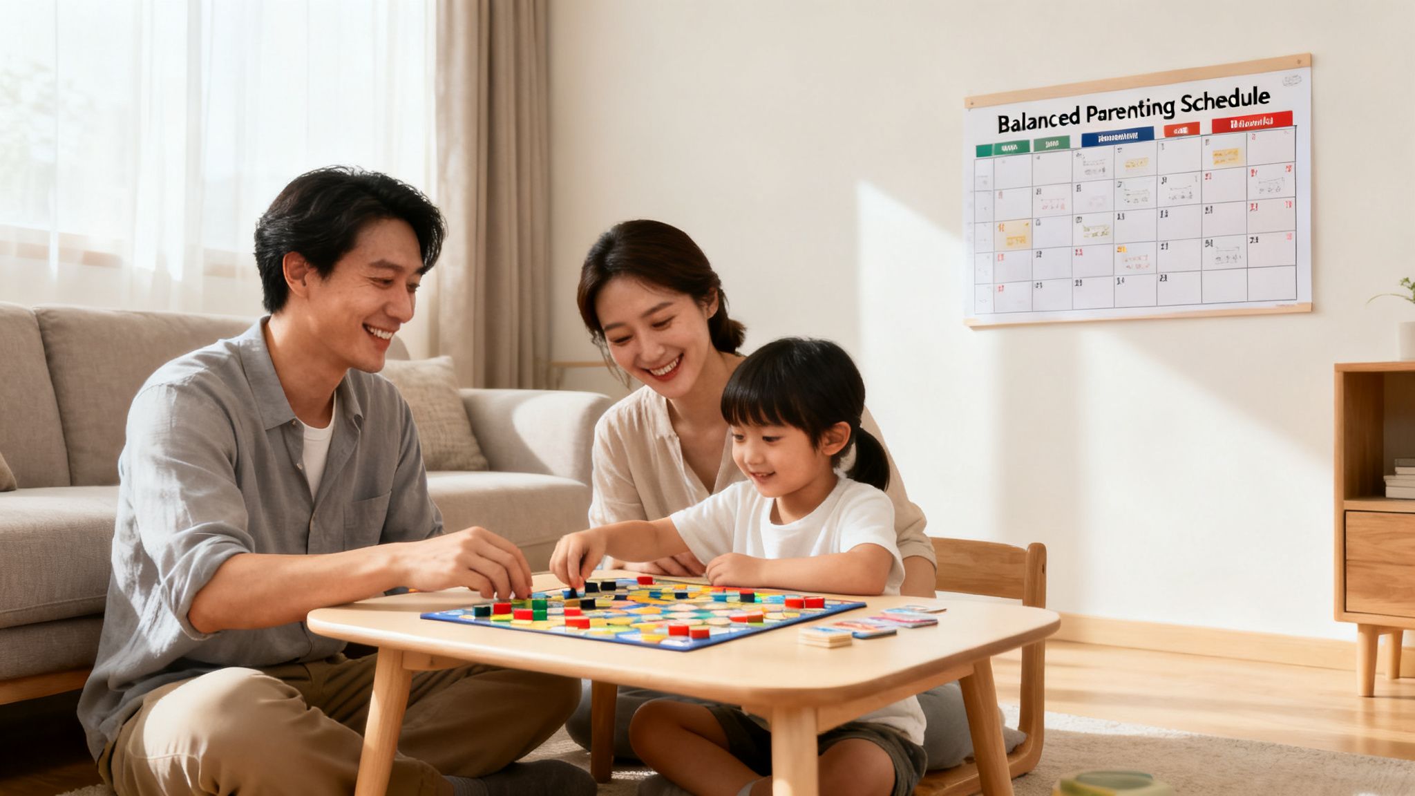 A happy Asian family, father, mother, and young child, playing a colorful board game on the floor.