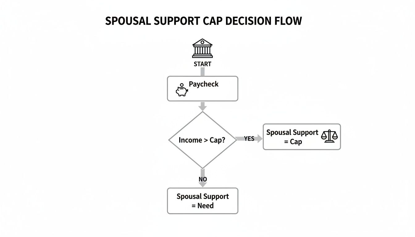 Flowchart illustrating the spousal support cap decision process based on income and need.