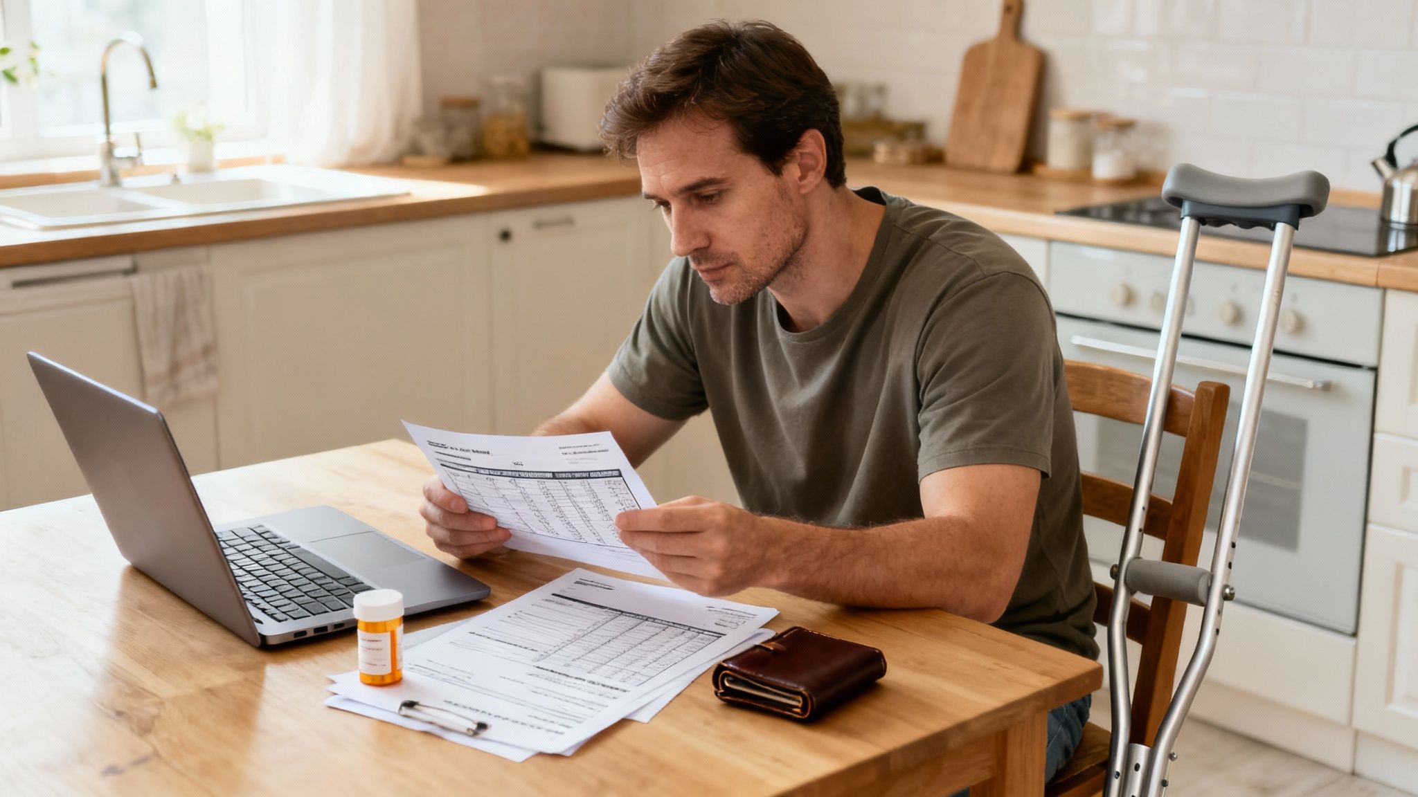 Injured man at home reviewing medical paperwork and finances with a laptop and medication.