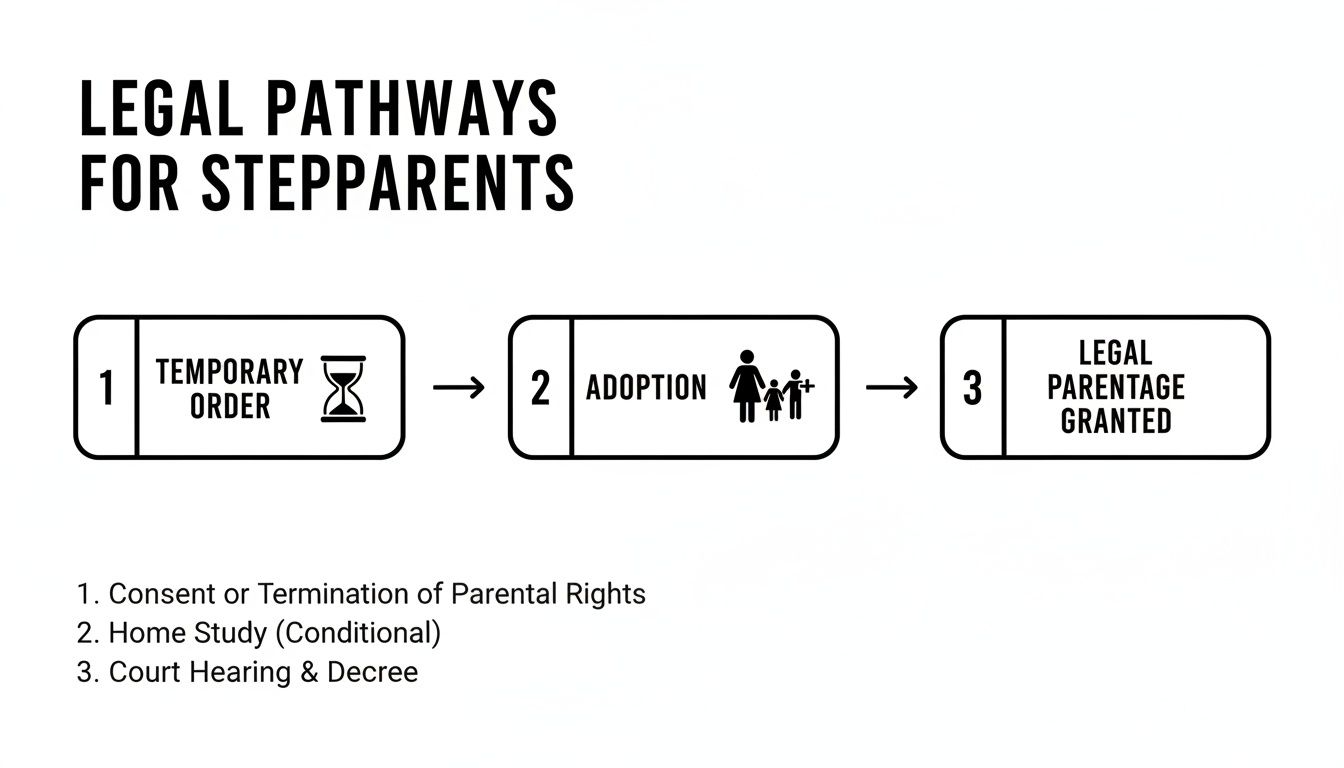 A flowchart illustrates the legal pathways for stepparents, detailing temporary order, adoption, and legal parentage granted, along with related steps.