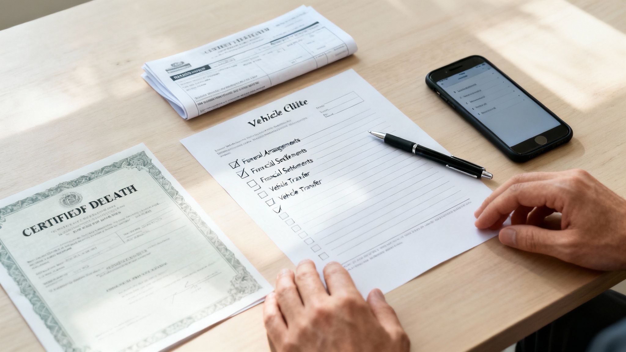 Hands reviewing a death certificate, an estate checklist, and a smartphone on a table.