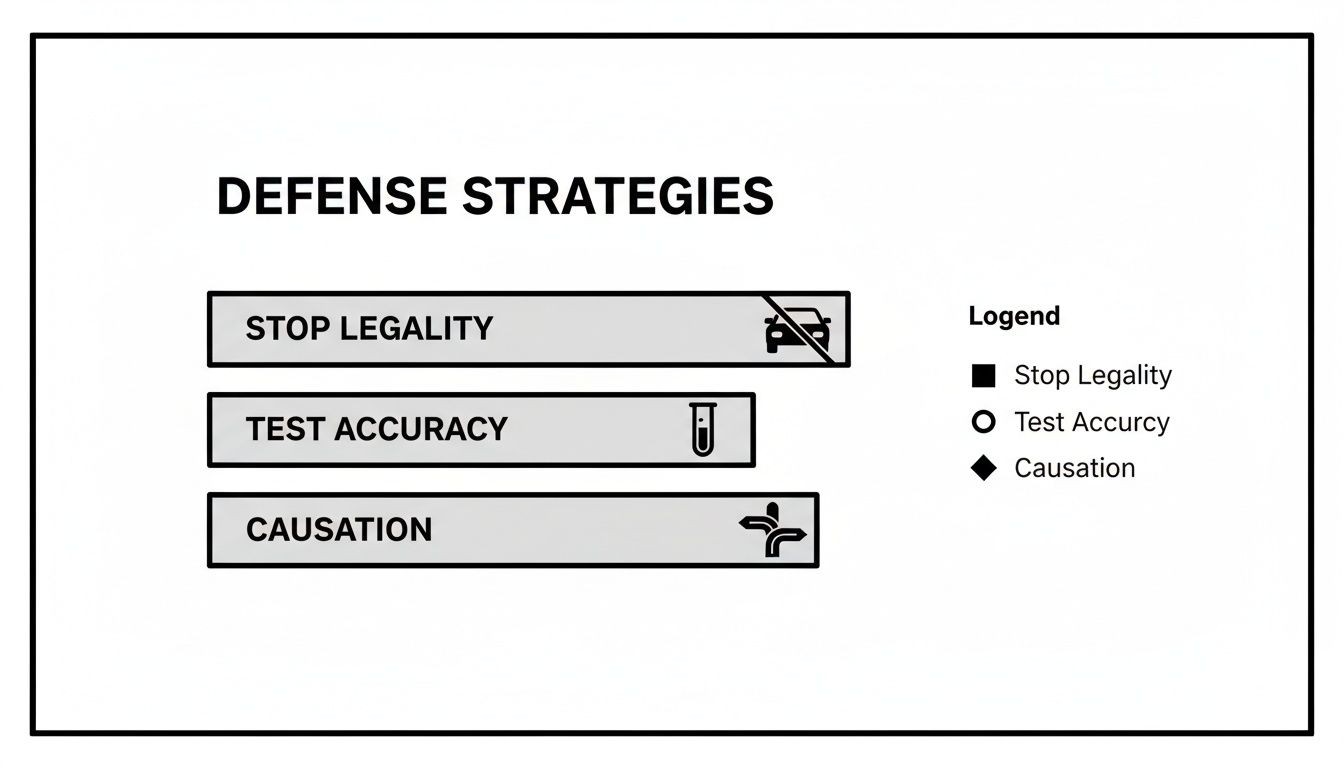 A graphic outlining defense strategies: Stop Legality, Test Accuracy, and Causation, with a corresponding legend.