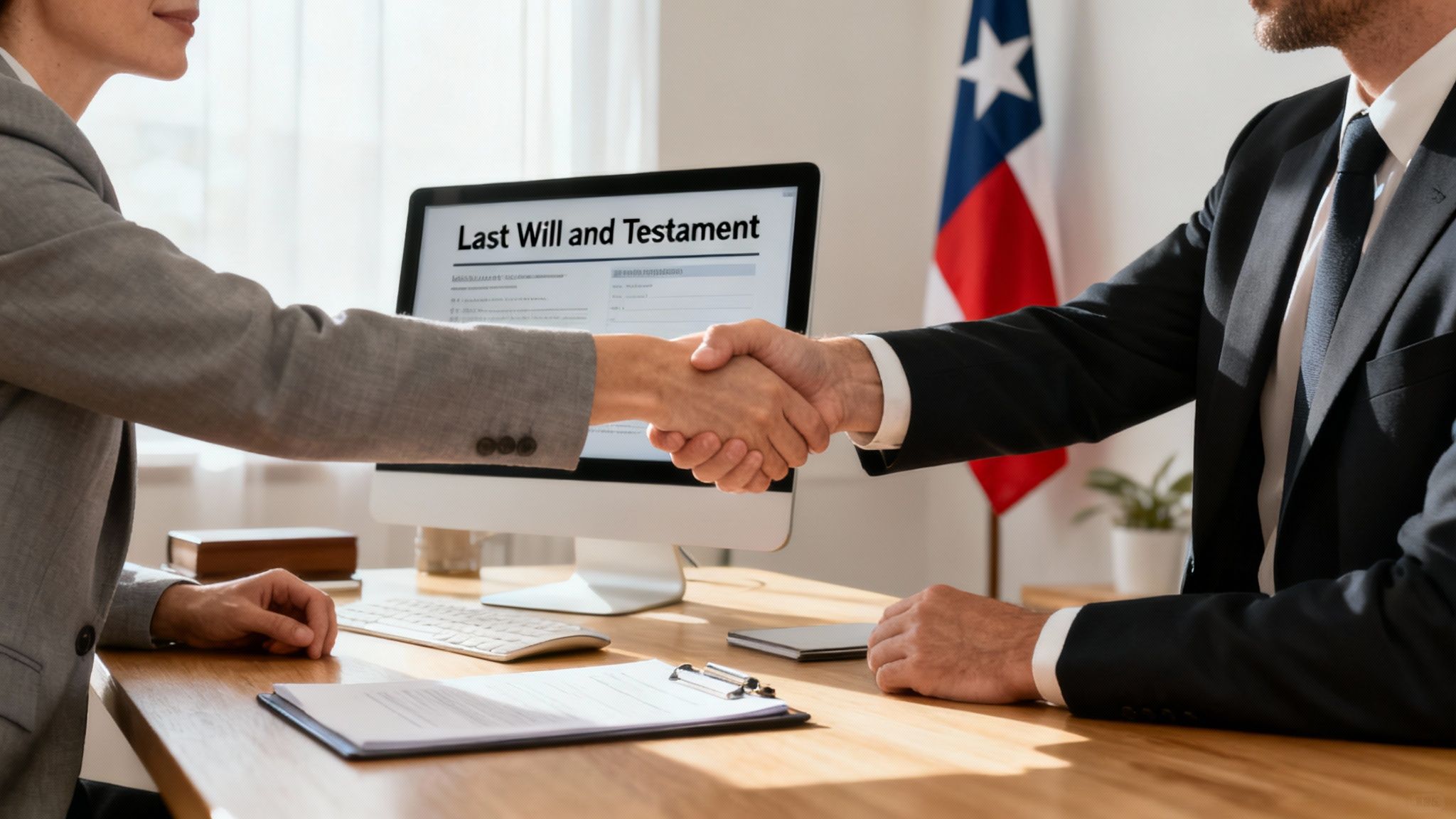 Professional handshake over a desk with a computer displaying "Last Will and Testament," symbolizing estate planning consultations in Texas.