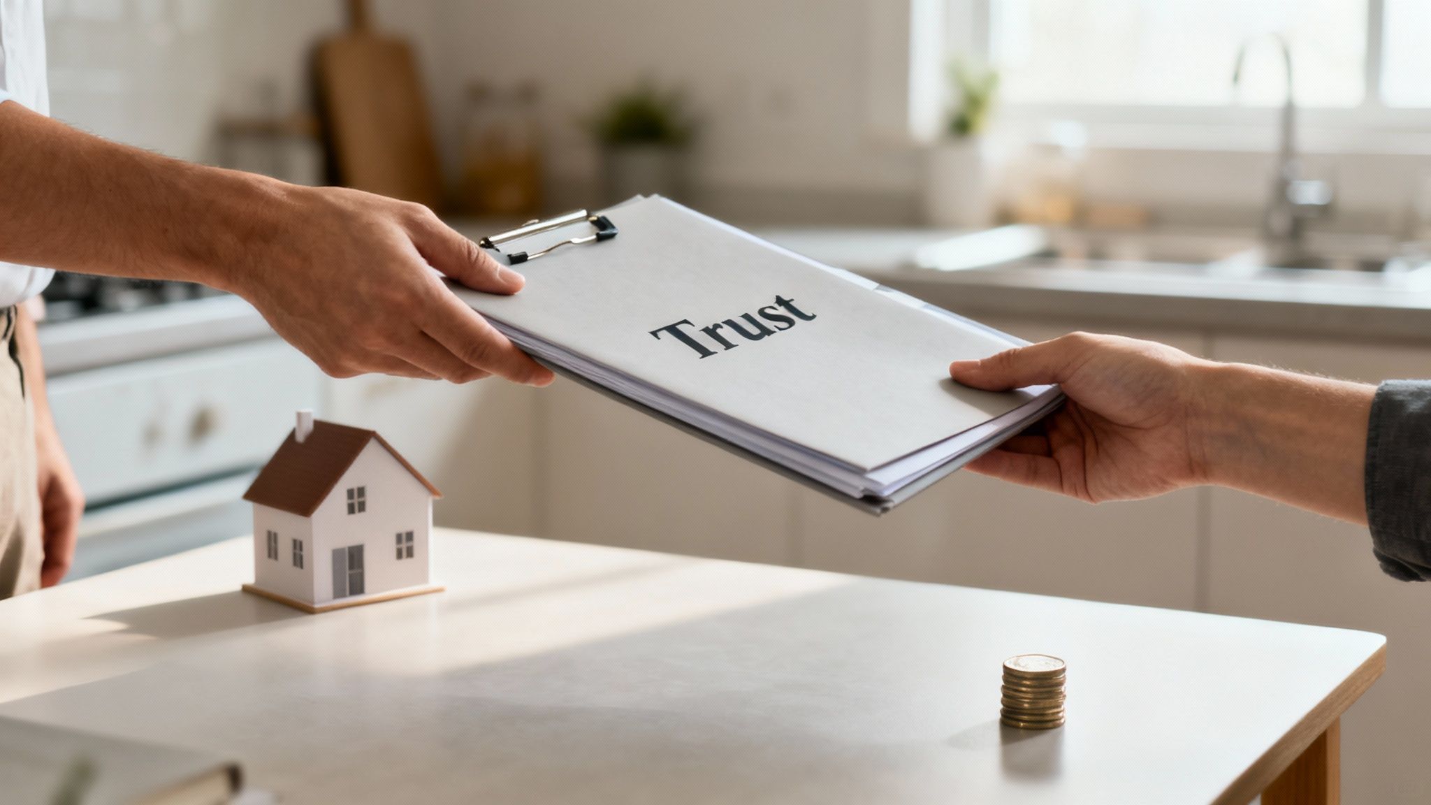 Two hands exchanging a 'Trust' document over a table with a model house and stack of coins.