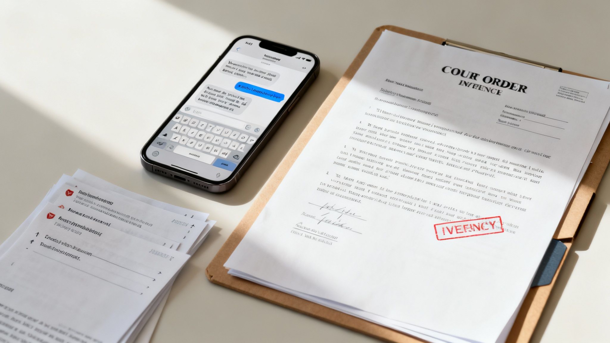 A smartphone, legal documents with a 'COUR ORDER' and 'IVEFNCY' stamp, and other papers on a light desk.
