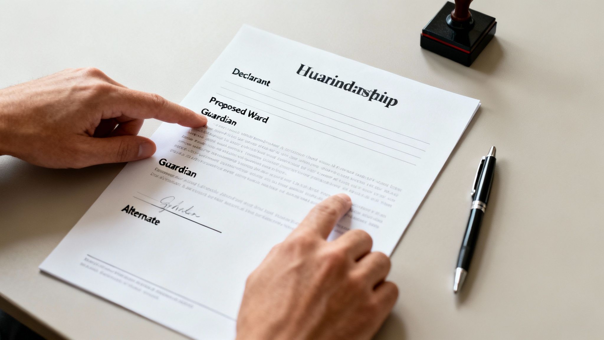 A close-up of a legal document with a pen, glasses, and a gavel nearby.